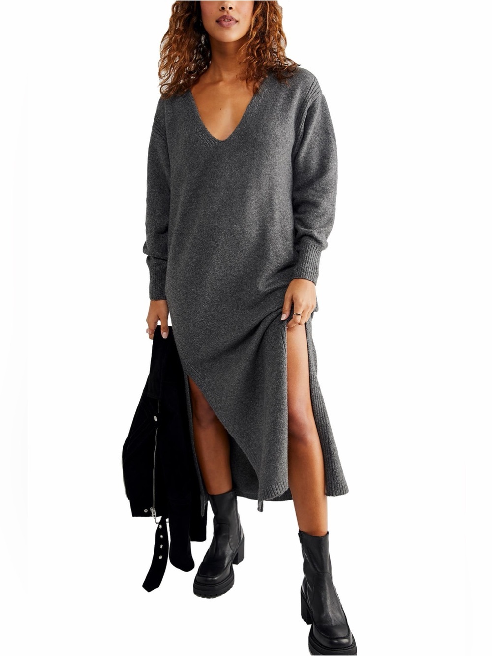 Free People Willow Knit Maxi Dress Charcoal Gray Long Sleeve Women’s Size M NWT